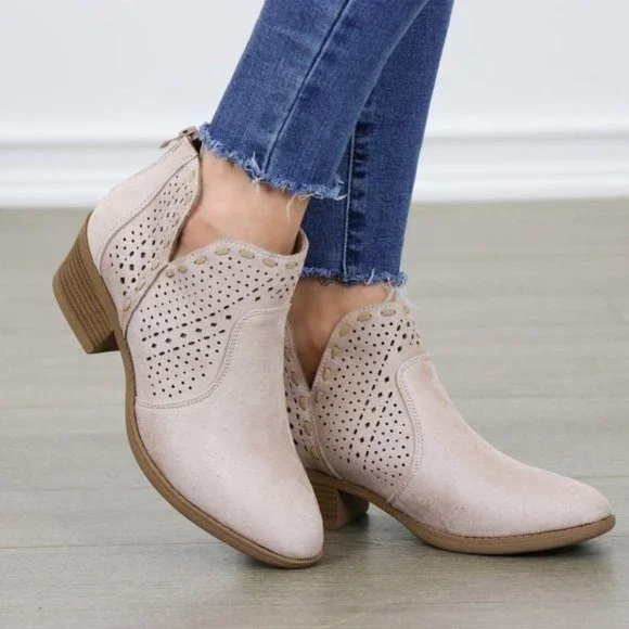 Dusty Rose Perforated Cut Suede Ankle Booties - Picture 3 of 7